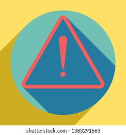 Exclamation danger sign. Flat style. Sunset orange icon with llapis lazuli shadow inside medium aquamarine circle with different goldenrod shadow at royal yellow background.