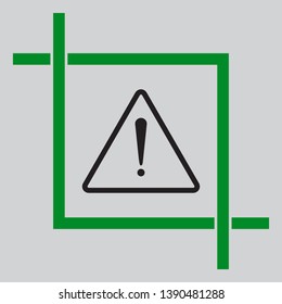 Exclamation danger sign. Flat style. Black icon inside green crop tool at light gray background