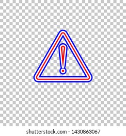 Exclamation danger sign. Flat style. Red, white and contour icon at transparent background. Illustration.