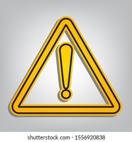 Exclamation danger sign. Flat style. Flat orange icon with overlapping linear black icon with gray shadow at whitish background. Illustration.