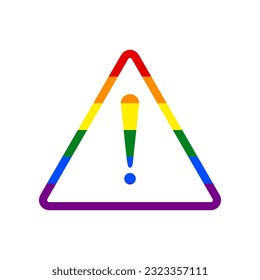 Exclamation danger sign. Flat style. Rainbow gay LGBT rights colored Icon at white Background. Illustration.