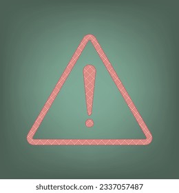 Exclamation danger sign. Flat style. Apricot Icon with Brick Red parquet floor graphic pattern on a Ebony background. Feldgrau. Green. Illustration.