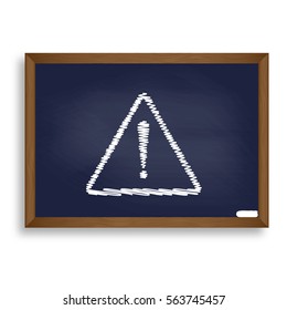 Exclamation danger sign. Flat style. White chalk icon on blue school board with shadow as background. Isolated.
