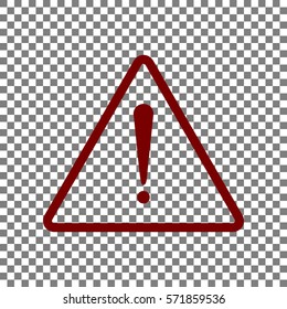 Exclamation danger sign. Flat style. Maroon icon on transparent background.