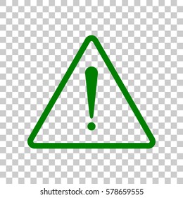 Exclamation danger sign. Flat style. Dark green icon on transparent background.
