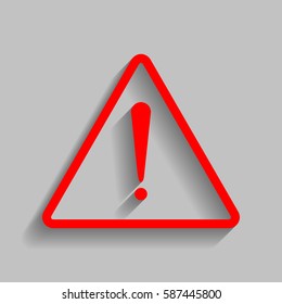 Exclamation danger sign. Flat style. Vector. Red icon with soft shadow on gray background.