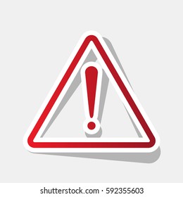 Exclamation danger sign. Flat style. Vector. New year reddish icon with outside stroke and gray shadow on light gray background.