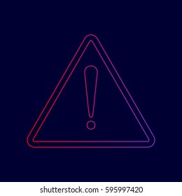 Exclamation danger sign. Flat style. Vector. Line icon with gradient from red to violet colors on dark blue background.