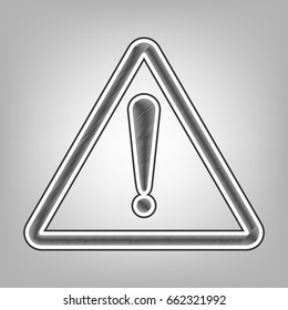 Exclamation danger sign. Flat style. Vector. Pencil sketch imitation. Dark gray scribble icon with dark gray outer contour at gray background.