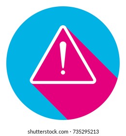 Exclamation danger sign. Flat style. Vector. Flat white icon with mexican pink shadow inside sky blue(S and G) circle at white background. Isolated. Trend colors in 2017.