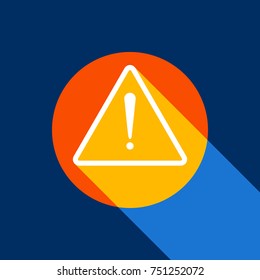 Exclamation danger sign. Flat style. Vector. White icon on tangelo circle with infinite shadow of light at cool black background. Selective yellow and bright navy blue are produced.