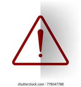 Exclamation danger sign. Flat style. Vector. Bordo icon on white bending paper background.