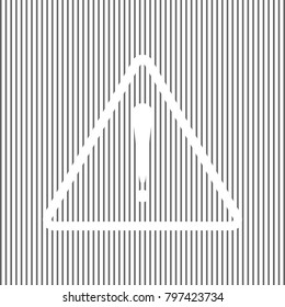 Exclamation danger sign. Flat style. Vector. White icon on grayish striped background. Optical illusion.