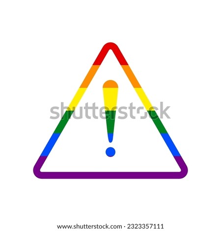 Exclamation danger sign. Flat style. Rainbow gay LGBT rights colored Icon at white Background. Illustration.