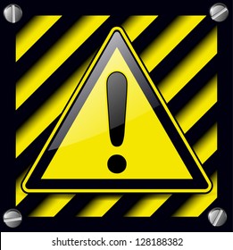 Exclamation danger sign over warning stripes background