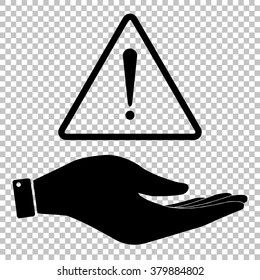 Exclamation danger sign. Save or protect symbol by hand.