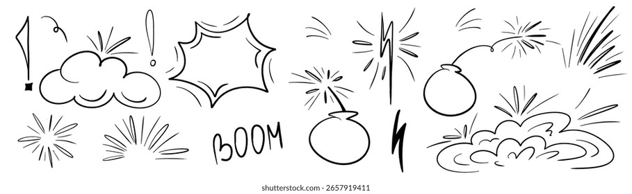 Elemento de exclamación línea cómica con bomba y nube. Efecto de ráfaga de línea de cómic de boceto. Forma de elemento de dibujos animados con efecto de salpicadura. Exclamación marca de dibujos animados forma garabato.