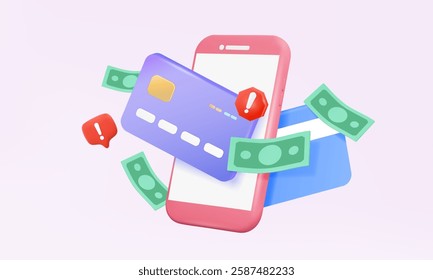 Exclamation error Online payments credit card via app mobile phone alert pay withdraw failed money wallet Internet banking Attention warning exchange transfer concept. 3d vector illustration