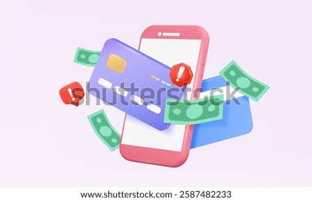 Exclamation error Online payments credit card via app mobile phone alert pay withdraw failed money wallet Internet banking Attention warning exchange transfer concept. 3d vector illustration