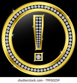 Exclamation icon, golden button with diamonds, vector illustration