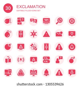 exclamation icon set. Collection of 30 filled exclamation icons included Bomb, Question, Error, Warning, Alert, Notification, Explosion