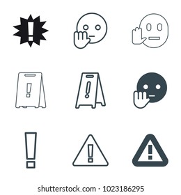 Exclamation icons. set of 9 editable filled and outline exclamation icons such as bye emot, wet floor