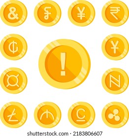 Exclamation, letter, coin color icon in a collection with other items