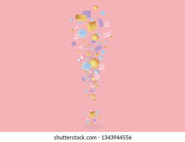 Exclamation mark of 3d figures realistic vector primitives composition  with flying objects and  shapes in motion isolated. Material design for web and print futuristic decoration 