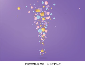 Exclamation mark of 3d figures realistic vector primitives composition  with flying objects and  shapes in motion isolated. Material design for web and print futuristic decoration 