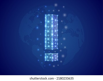 Exclamation mark 3d low poly symbol with blue world map background. Alert concept design illustration. Attention polygonal symbol with connected dots