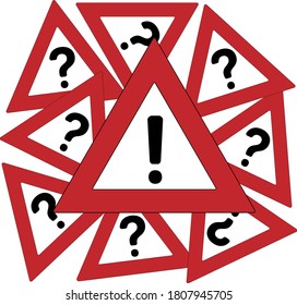 Marca de exclamación en el fondo de las preguntas. Diseño para señales de tráfico. Respuesta a los problemas.
