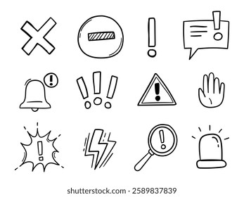 Exclamation mark, alert, risk sign hand drawn icon set. Caution, warning, exclamation mark