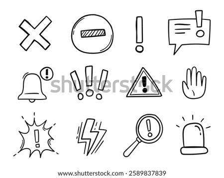 Exclamation mark, alert, risk sign hand drawn icon set. Caution, warning, exclamation mark