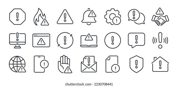 Exclamation mark, alert, warning and error concept editable stroke outline icons set isolated on white background flat vector illustration. Pixel perfect. 64 x 64.