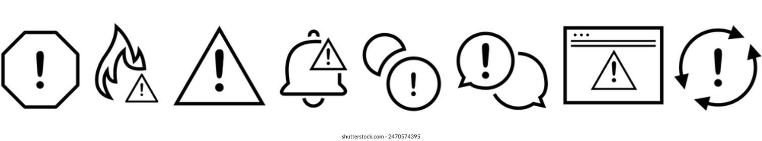 Exclamation mark, alert, warning and error concept editable stroke outline icons set isolated on white background flat vector illustration.