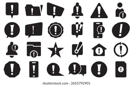 Ícones de ponto de exclamação, alerta, aviso e conceito de erro .  Pictogramas e infográficos para aplicativos móveis. ilustração vetorial.