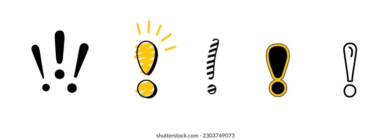 Exclamation mark or attention on white background. Set icon in Doodle style. Vector illustration. Black line and yellow color.