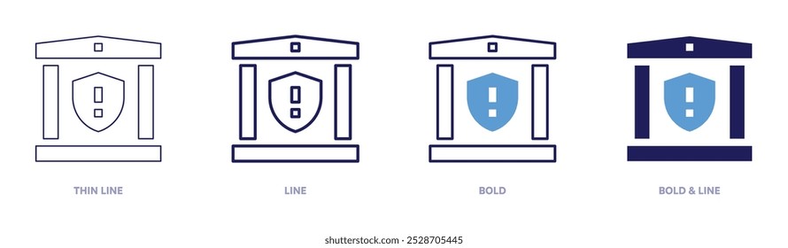 Exclamation mark bank icon in 4 different styles. Thin Line, Line, Bold, and Bold Line. Duotone style. Editable stroke.