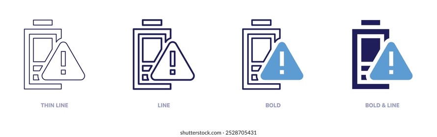 Exclamation mark battery icon in 4 different styles. Thin Line, Line, Bold, and Bold Line. Duotone style. Editable stroke.
