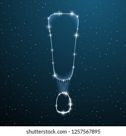 Exclamation mark blue low poly concept design. Wireframe polygonal symbol on dark night sky with bright dots and stars. Vector help mesh looks sign illustration