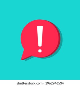 Exclamation Mark In Bubble. Icon Of Attention And Alert. Exclamation Point For Warning Of Important. Red Circle On Blue Background For Speech. Symbol Of Caution, Danger And Risk. Logo For Info. Vector