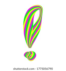 Exclamation mark from caramel candy isolated on white. Font made of curved colored stripes. Festive handwritten font for fun congratulatory text. Vector EPS 10.