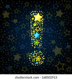 Exclamation mark cartoon kid style vector font with  colored  stars