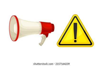 Signo de advertencia de marca de exclamación e ilustración del vector de altavoz alto o bulhorn