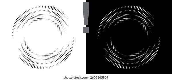 Exclamation mark in circle form. Round logo or icon. Vector frame as design element. A black figure on a white background and an equally white figure on the black side.
