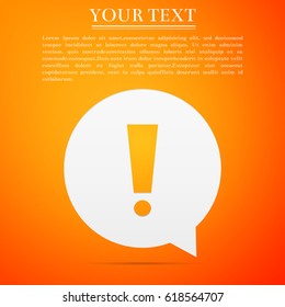 Exclamation mark in circle. Hazard warning symbol flat icon on orange background. Vector Illustration