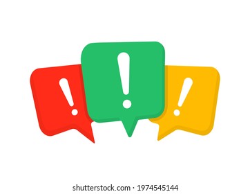Exclamation mark with color speech bubbles isolated on white background. Message box with exclamation point. Vector illustration. EPS 10