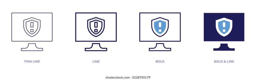 Ícone de computador de ponto de exclamação em 4 estilos diferentes. Linha fina, Linha, Negrito e Linha Negrito. Estilo duotônico. Traçado editável.