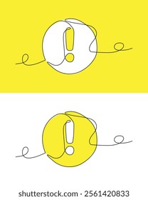 Exclamation mark in continuous line drawing style on white  and yellow background. Line drawing of an exclamation mark in a circle. Vector illustration. Attention abstract background