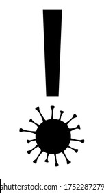 Exclamation mark with coronavirus icon. Symbol disease covid  19. Black silhouette. Isolated on white background. Vector.
